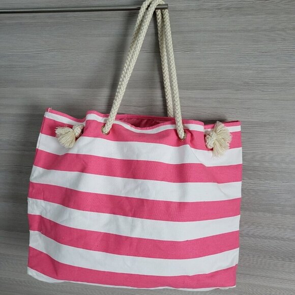 Victorias Secret Pink White Stripe Canvas Take Me To The Beach Tote Rope Handles - Picture 11 of 11